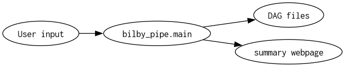 digraph {
      rankdir="LR";
      "User input" -> "bilby_pipe.main";
      "bilby_pipe.main" -> "DAG files";
      "bilby_pipe.main" -> "summary webpage";
         }
